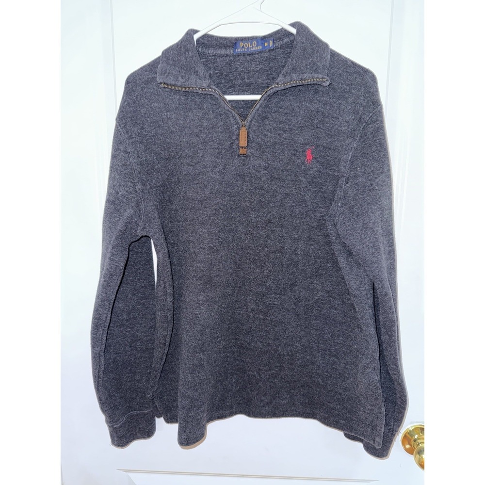 Polo Ralph Lauren Estate Rib Fleece 1/4 Zip Sweater Gray Cotton Mens Medium